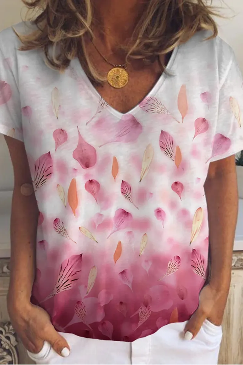 Leaves Print Gradient V-Neck T-Shirt