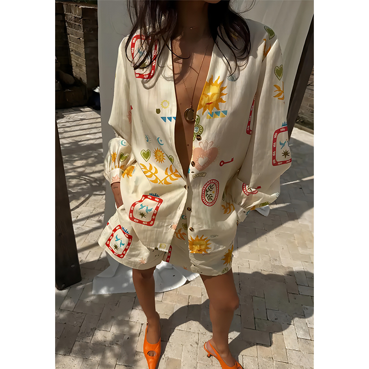 V Neck Short Sleeve Printed  Shirt and Shorts Set