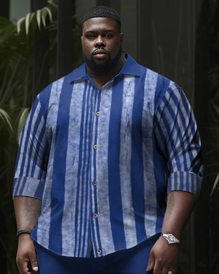 Men's Plus Size Striped Long Sleeve Lapel Shirt Two-Piece Set