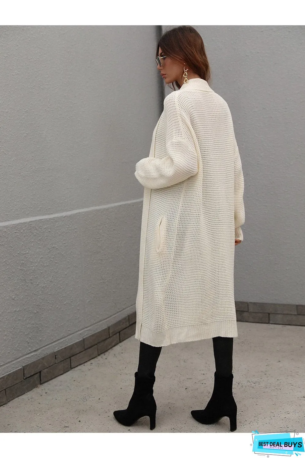 Waffle Knit Open Front Duster Cardigan With Pockets