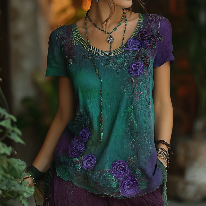 Women's Vintage Purple Rose Gradient Crew-neck T-shirt elevenforest