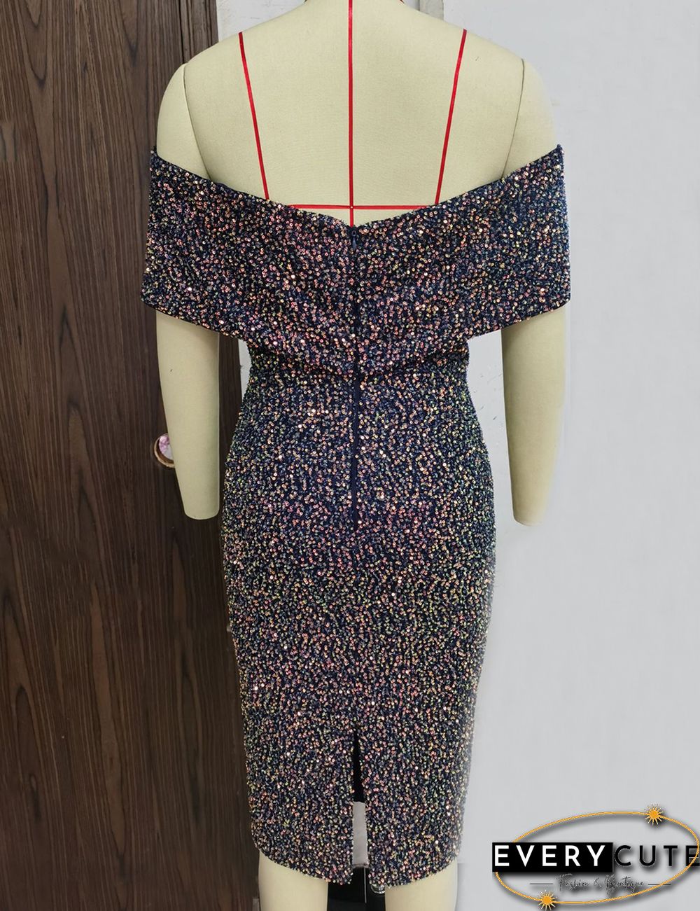 Navy Blue Sequined Off Shoulder A Line Pencil Dress