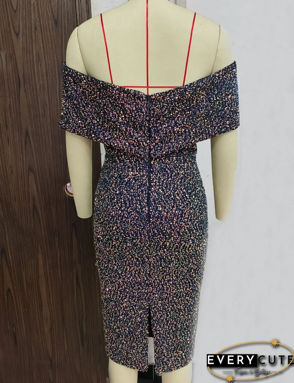 Navy Blue Sequined Off Shoulder A Line Pencil Dress