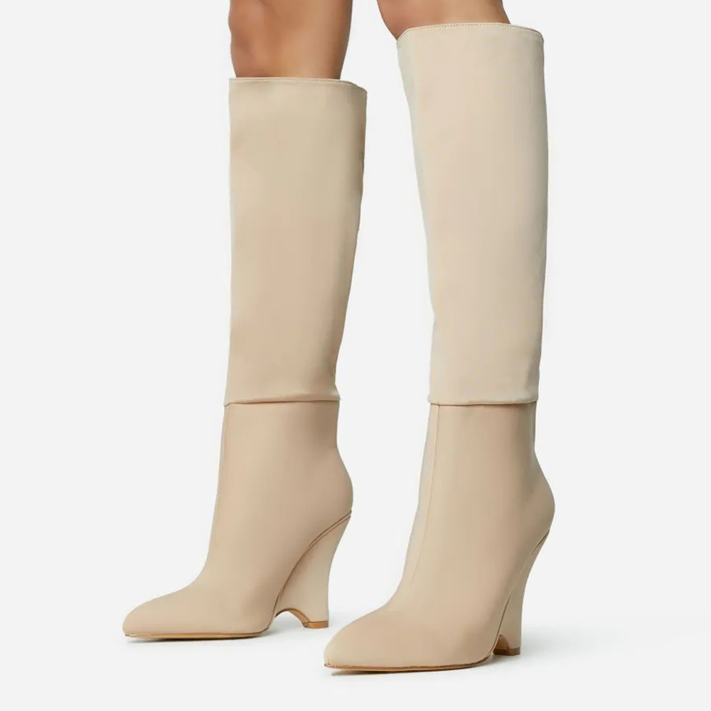 Stylish Beige Closed Toe Wedge Heel Tall Boots for Women Nicepairs