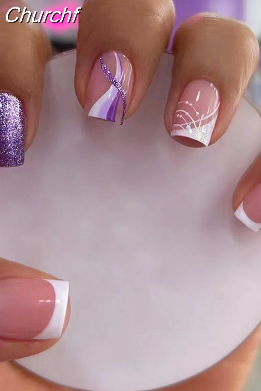 Churchf Nail Full Cover Fake Nail Pink Glitter Wearable French Short Nails Square Head False Nail Press On Nails Manicure Tool 715-1-Nail Inspo