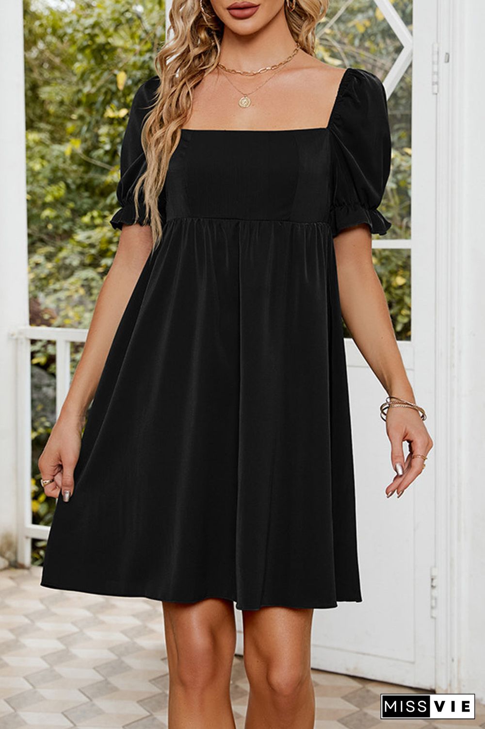Sweet Elegant Solid Fold Square Collar A Line Dresses