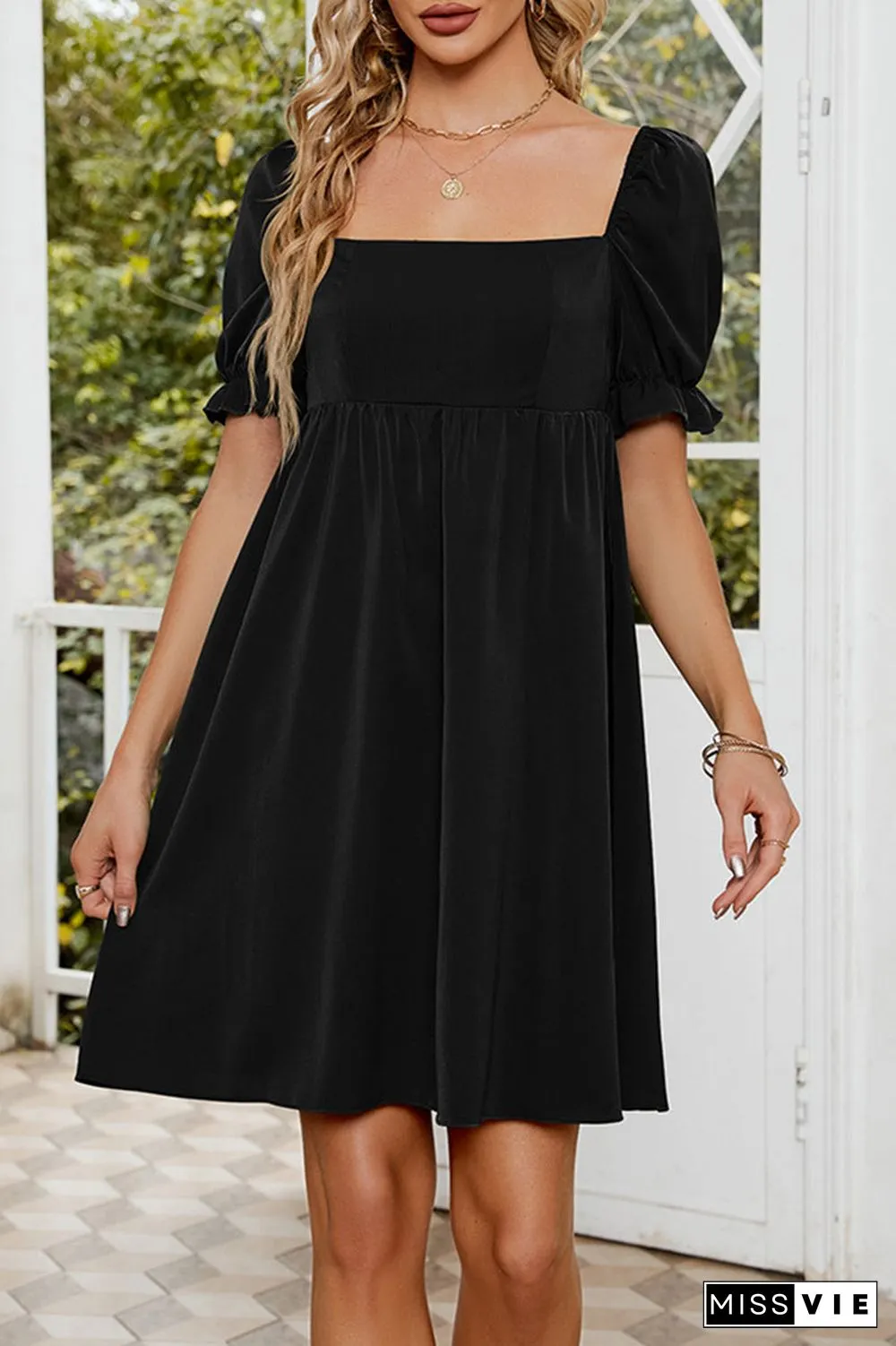 Sweet Elegant Solid Fold Square Collar A Line Dresses
