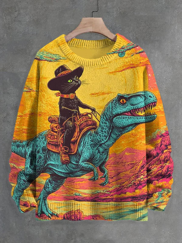 Men's Cowboy Black Cat And Dinosaur Art Print Knit Sweatshirt