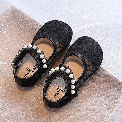 Girls Shoes Lace Flounce Sandals Kids Pearls Princess Shoes Baby Wave Lace Mary Janes Shoes White Black Toddlers Spring Summer