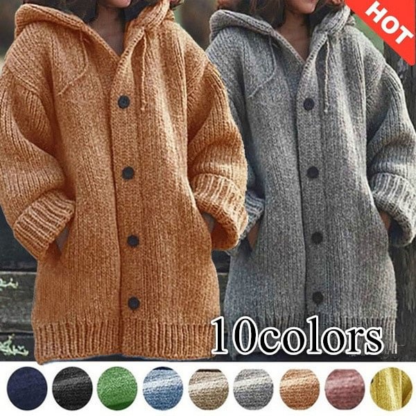 Autumn and Winter Women's Fashion Warm Coat Knit Hooded Sweater Solid Color Mid-length Button Up Knitted Cardigan Jackets for Women Outwear Plus Size Casacos De Inverno Feminino - Shop Trendy Women's Fashion | TeeYours