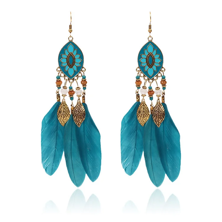 Retro Blue Bohemian Feather Geometric Earrings  Flycurvy [product_label]