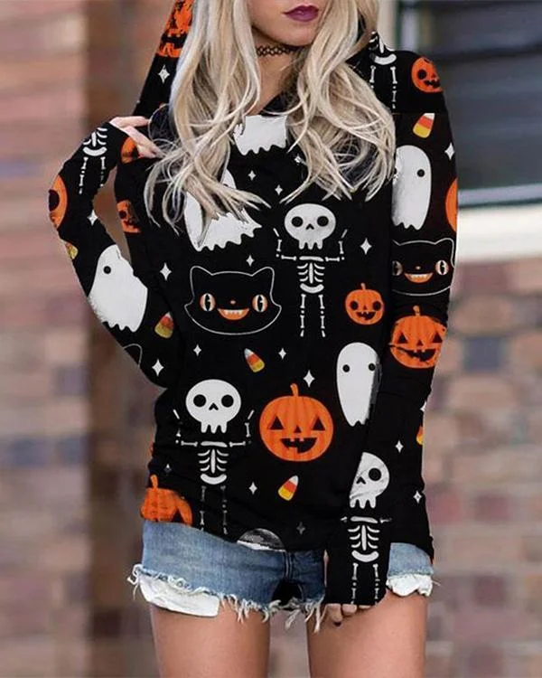 Women Halloween Print Casual Cotton Long Sleeve Cute Hoodies Sweatshirts
