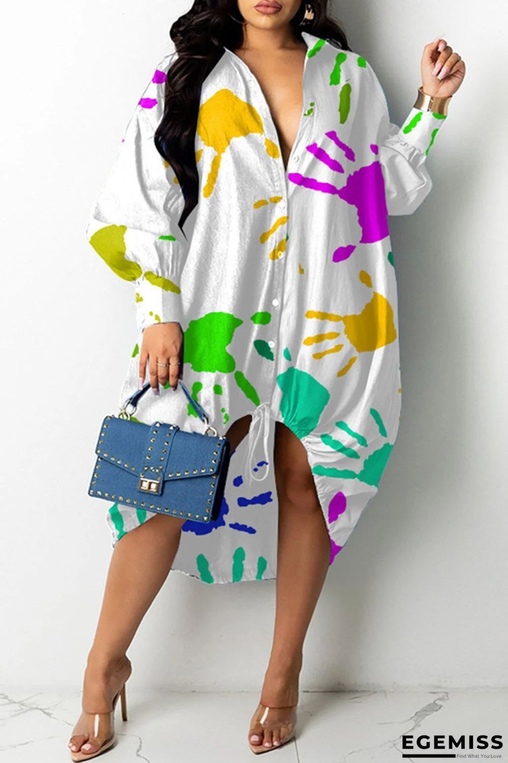 White Fashion Casual Print Basic Turndown Collar Long Sleeve Dresses | EGEMISS