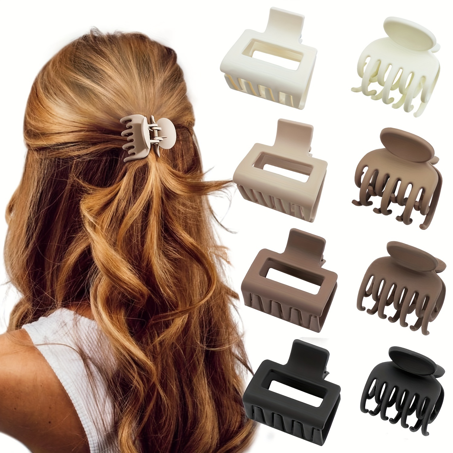 4pcs\u002F8pcs Medium Claw Hair Clips For Women, Matte Rectangle Or Double Row Teeth Hair Claw Clips For Thin\u002FMedium Fine Hair, Non Slip Jaw Clips