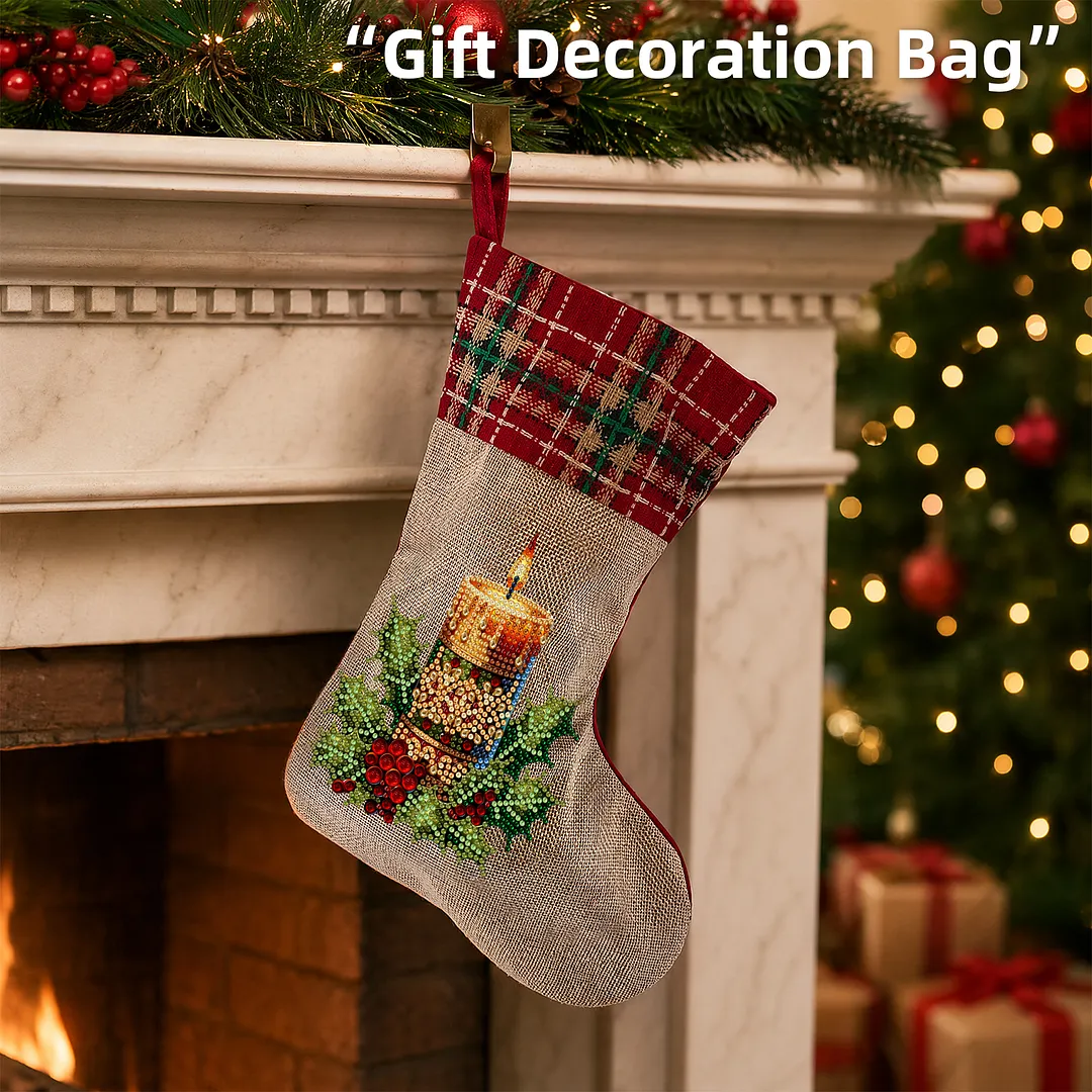 DIY Diamond Painting Christmas Stockings Hanging Ornaments Large Capacity Xmas Socks Pendant Wear Resist Candy Gift Storage Bags for Family Christmas Holiday Party Decoration (Christmas candles)