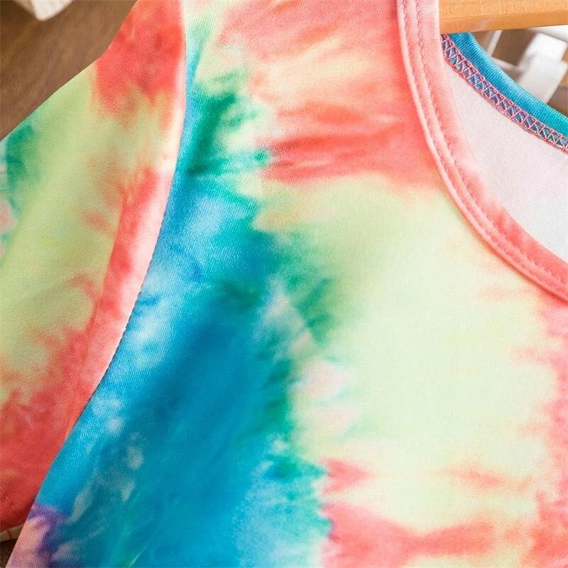 New Bohemia Style Beach Dress For Girls Summer Short Sleeve Tie Dye Printing Carnival Party Costume Casual 3-8T Girls Sundress