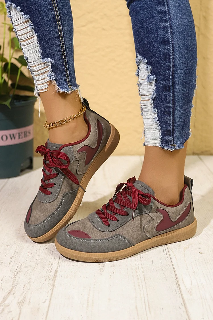 Patchwork Color Block Round Toe Lace Up Casual Sneakers