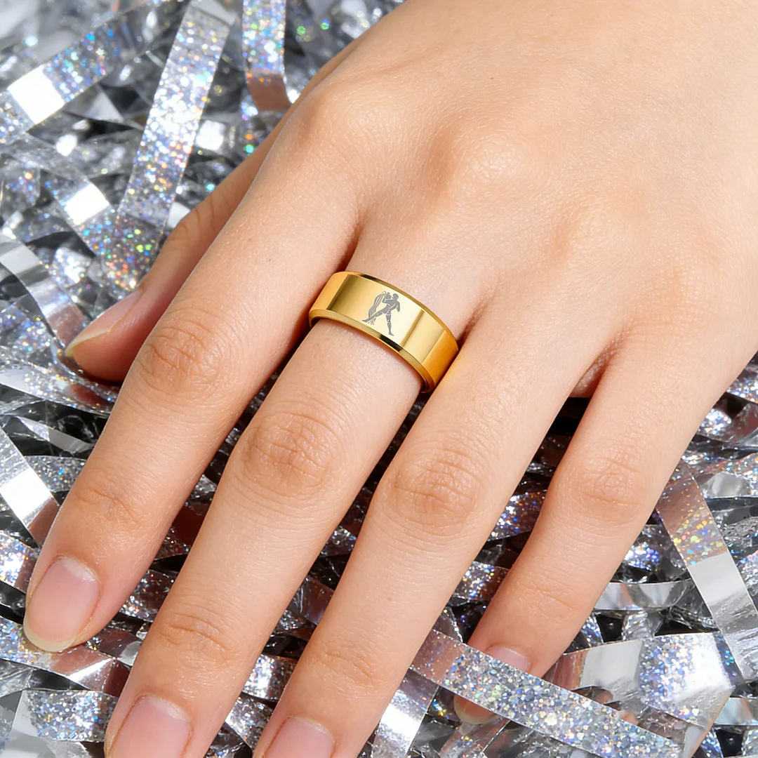 Beveled Edges Gold Laser Etched Tungsten Carbide Rings Gold Aquarius Couple Wedding Band 4MM 6MM 8MM Width