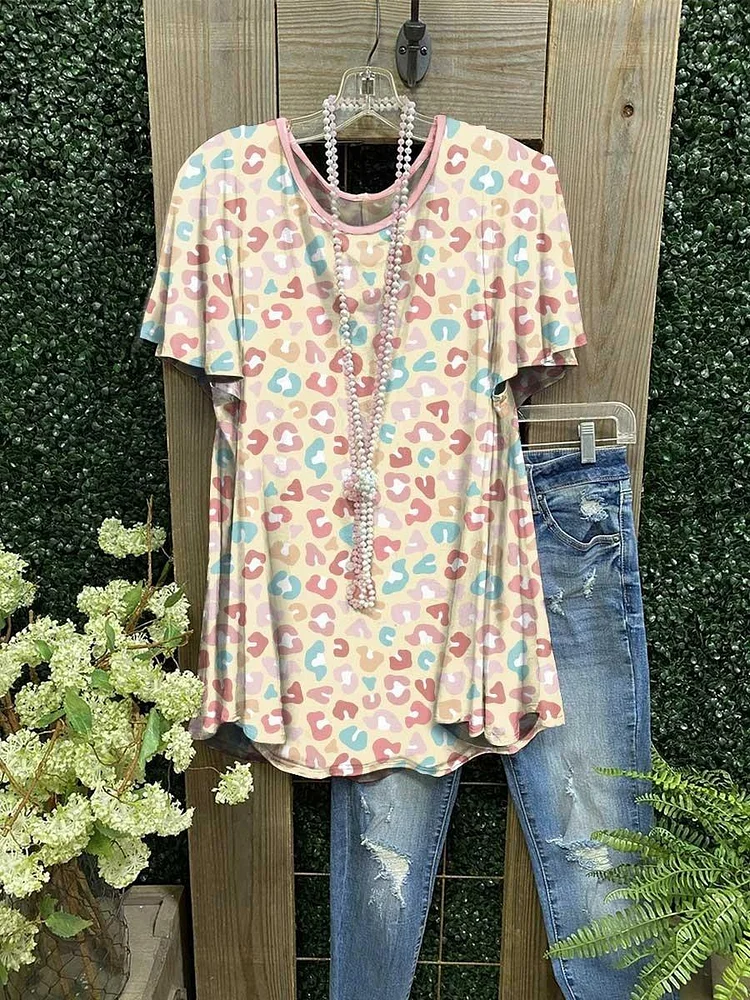 Women's Pink Round Neck Leopard Print Short Sleeve Top