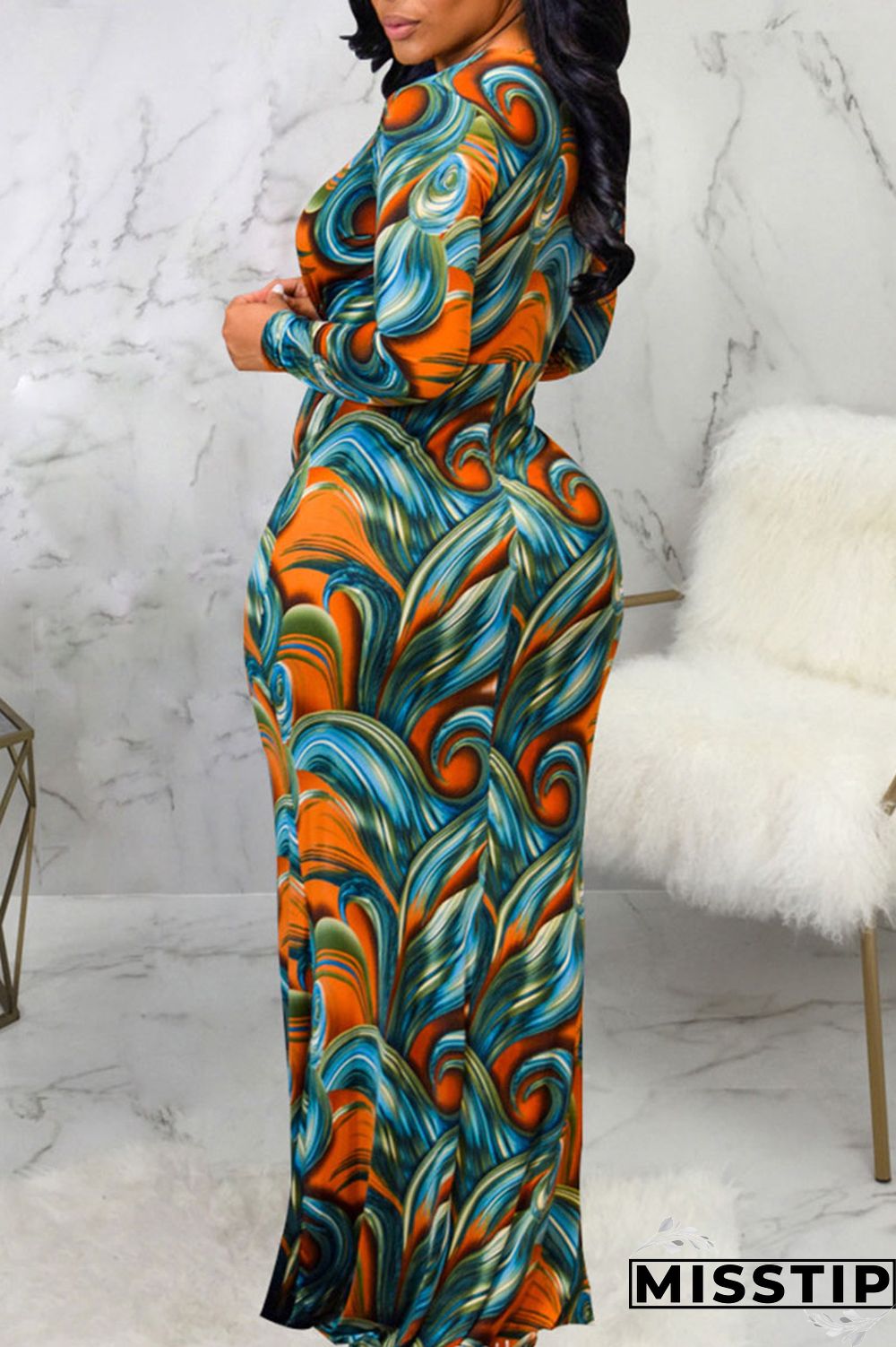 Blue Sexy Print Patchwork V Neck Long Sleeve Dresses