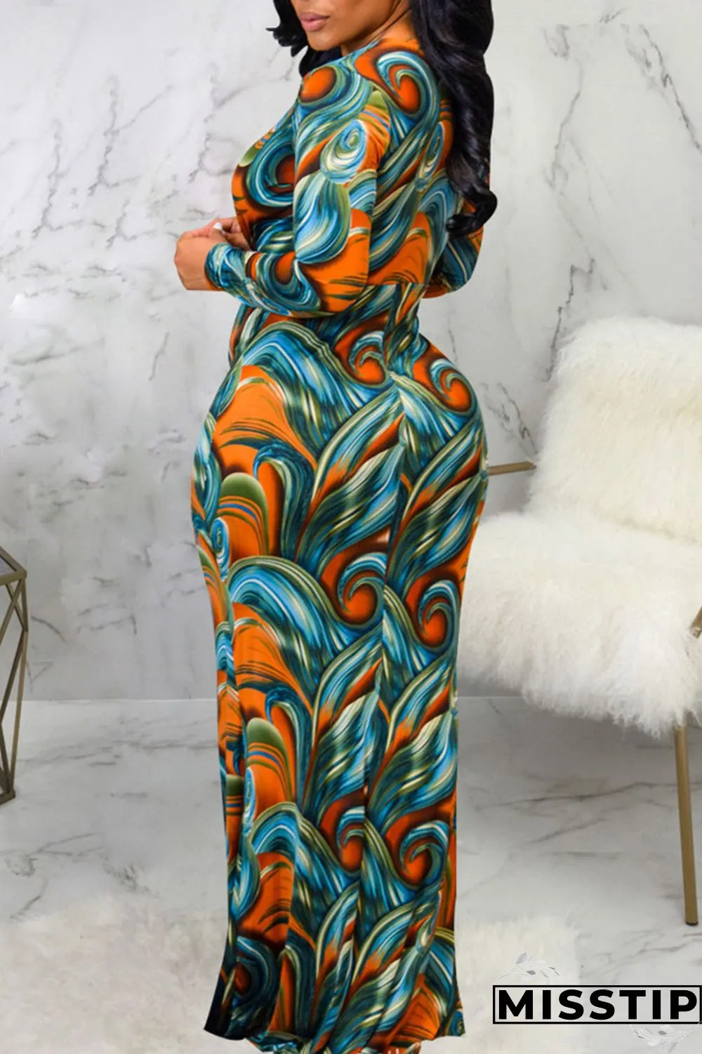 Blue Sexy Print Patchwork V Neck Long Sleeve Dresses