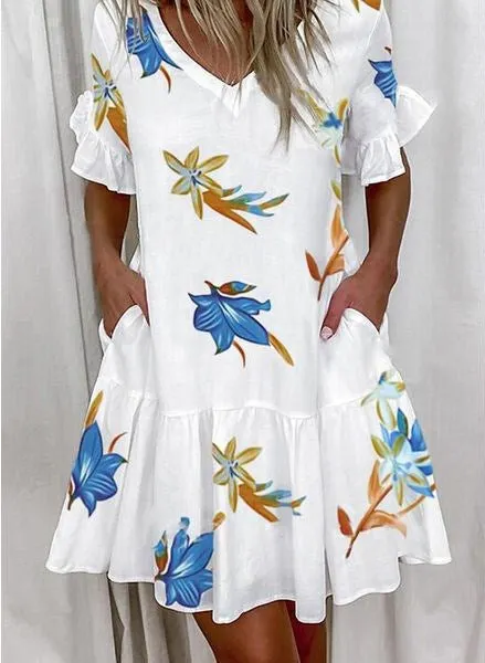Brownm Regular Sleeve Fashion Short Printed Ruffle Pocket Dress