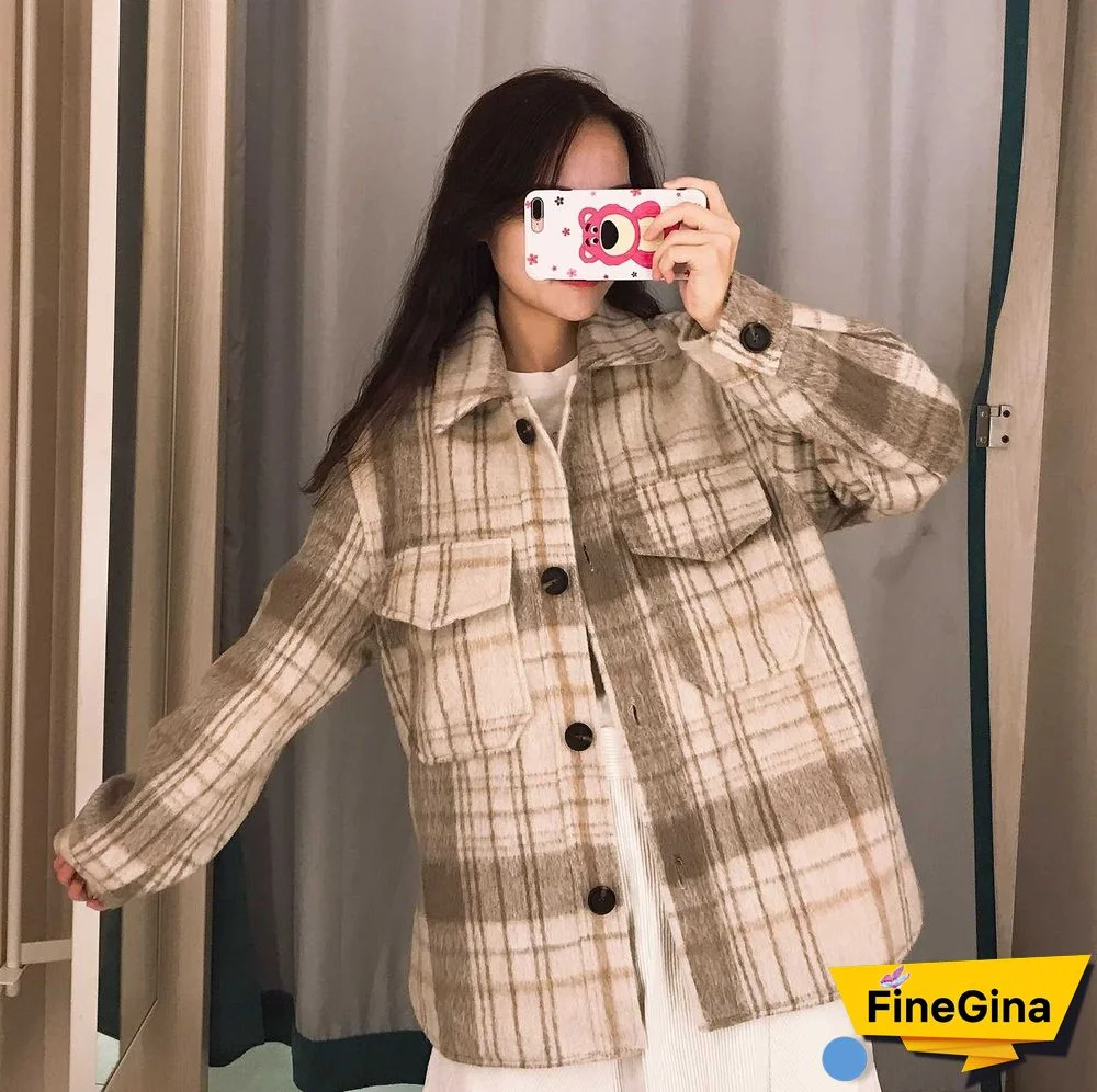 Dyed Pocket Overshirt Check Wool Blend Shirt Jacket