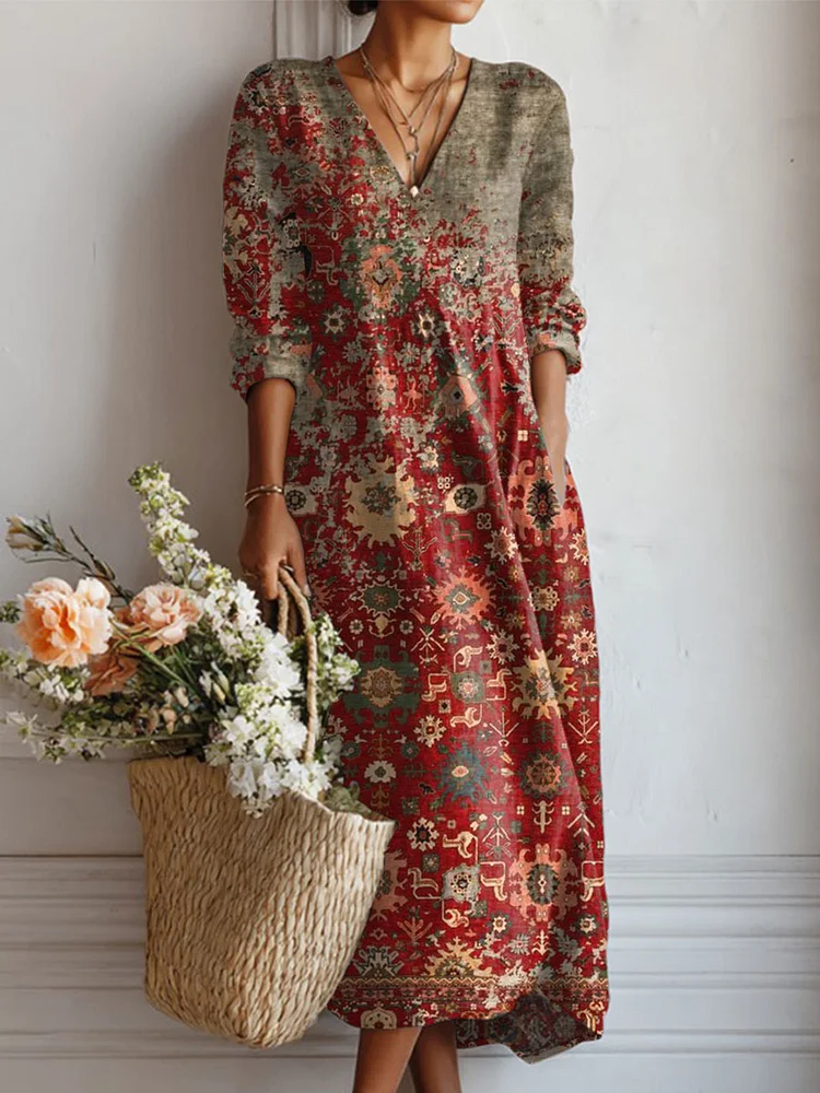 Women's Vintage Flower Art Print Linen Pocket Dress