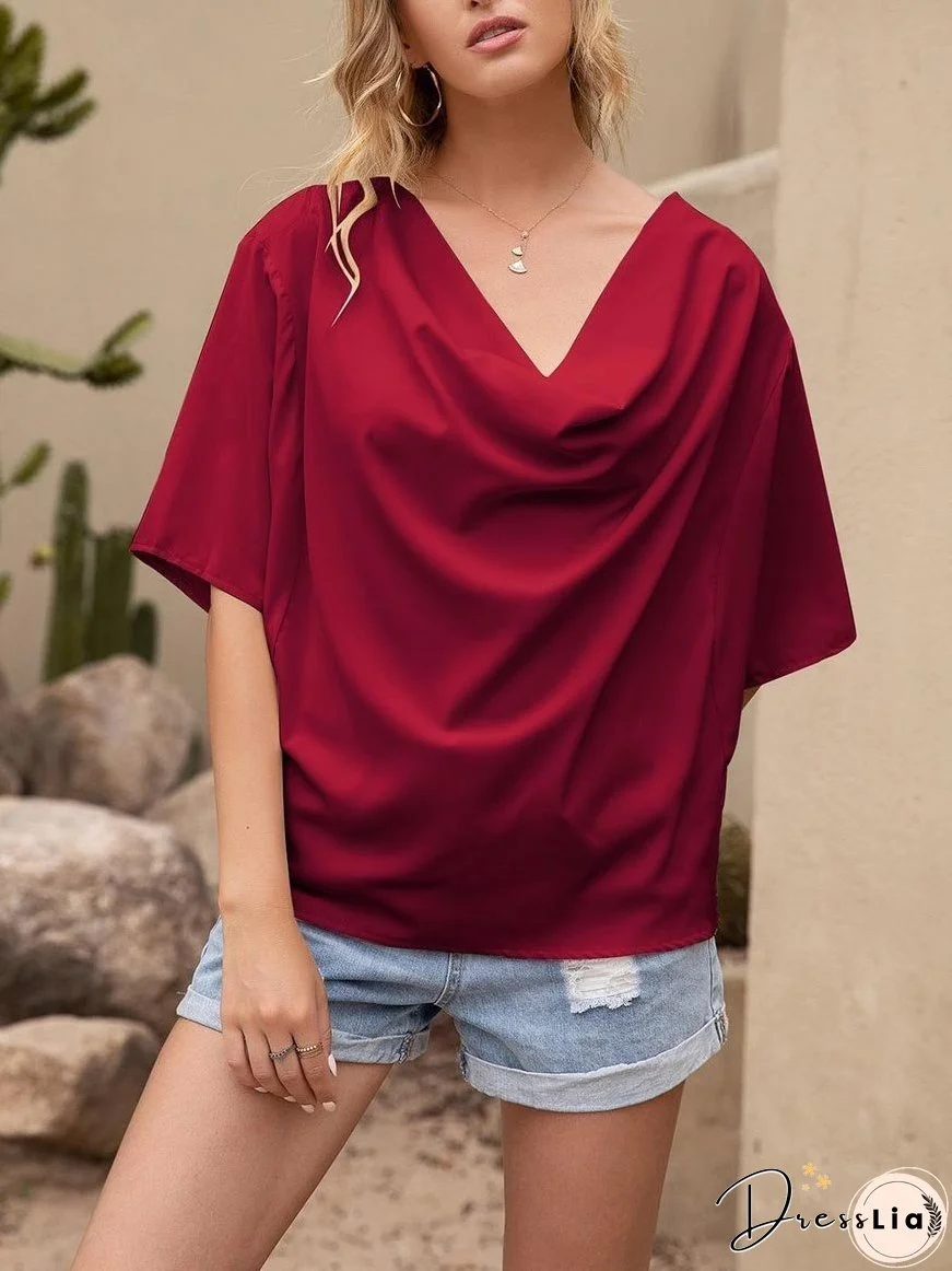 Pleated Drape Solid Color V-neck Short Sleeve Loose Blouses