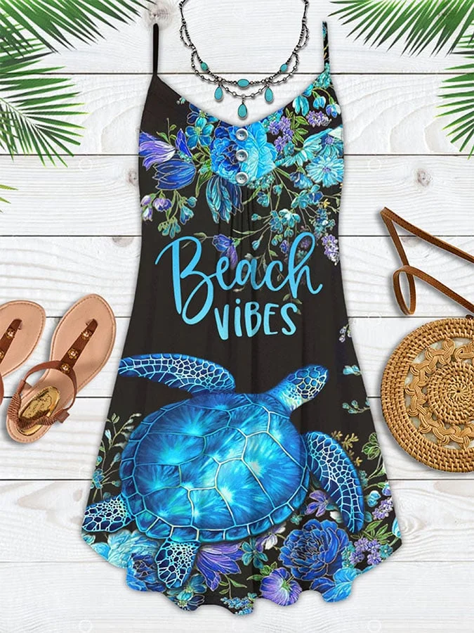 🔥Buy 3 Get 10% Off🔥Vacation Sea Turtle Flowers Beach Vibe Print Spaghetti Strap Dress Swimsuit Coverup