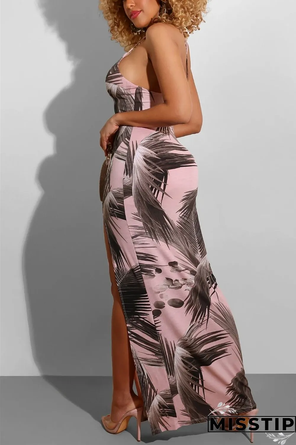 Pink Sexy Printed Sling Backless Dress
