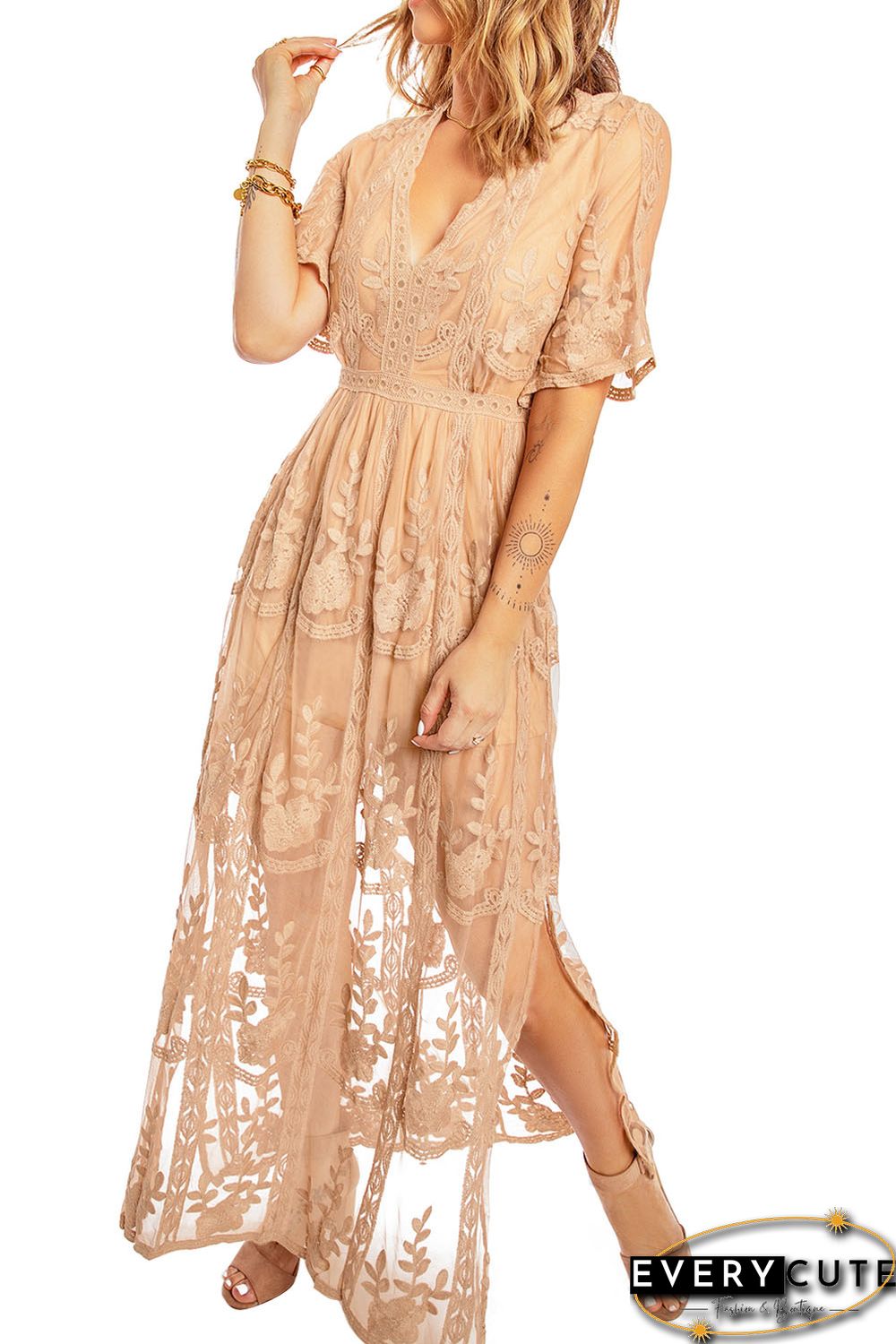 Nude Deep V Neck Short Sleeve Floral Lace Bridesmaid Maxi Dress