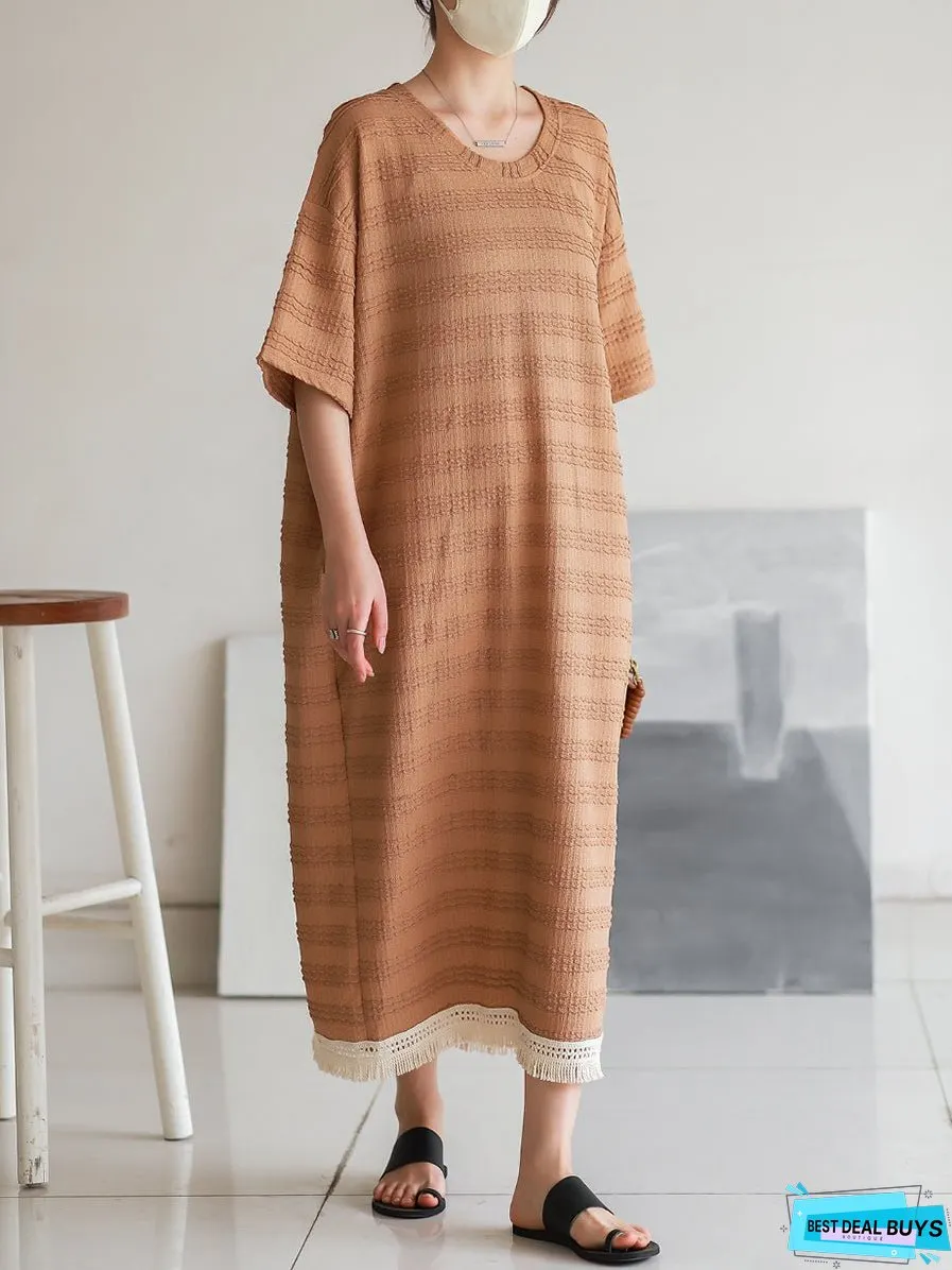 Vintage Stripe Jacquard Tassel Solid Loose Dress