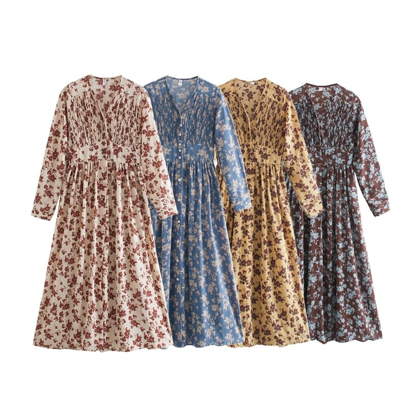 Toppies 2021 spring women dress long sleeve midi dress floral printing single breasted v-neck korean fashion clothings