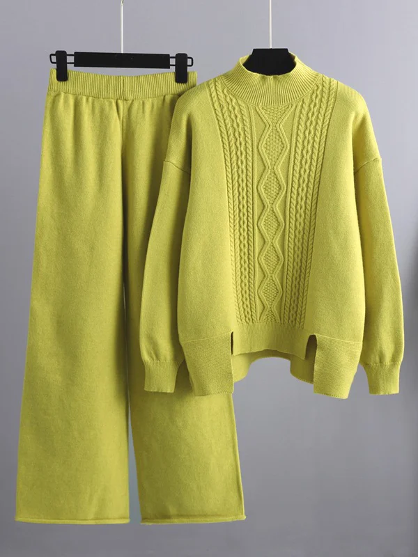 Urban Loose Split-Side Half Turtleneck Sweater Tops& Wide Leg Pants Two Pieces Set