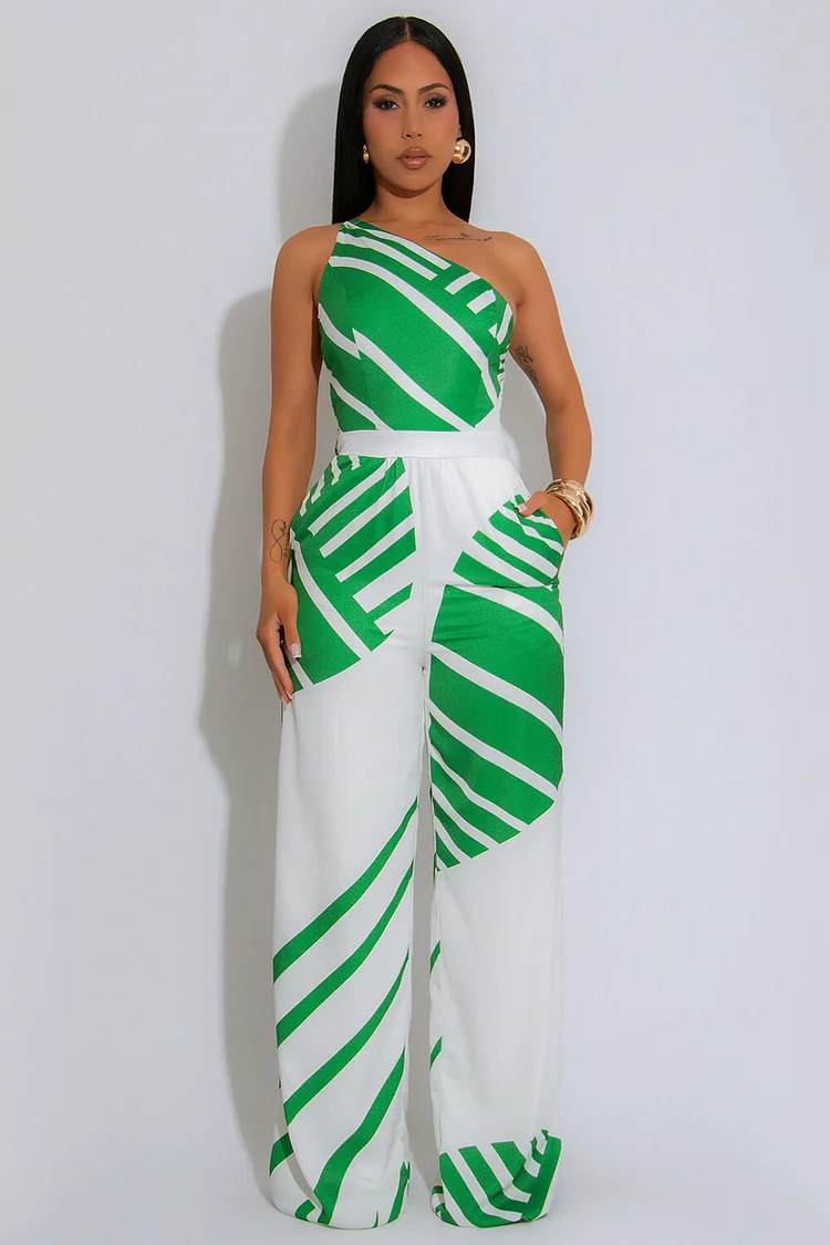 Striped Print One Shoulder Straight Leg Sleeveless Jumpsuit-Orange