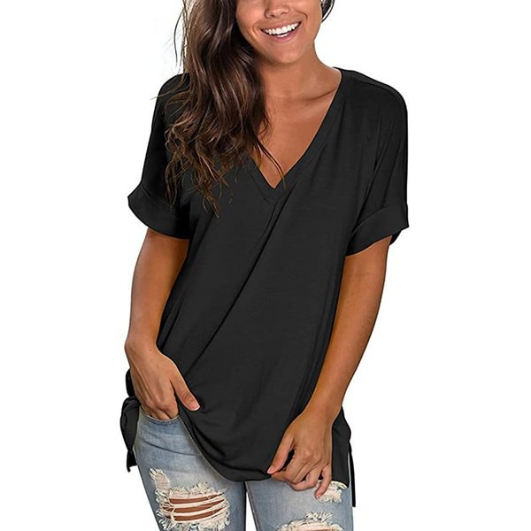Women's Fashion Summer New Style V-neck Solid Color Short-sleeved Tops Loose Women's T-shirt - BlackFridayBuys