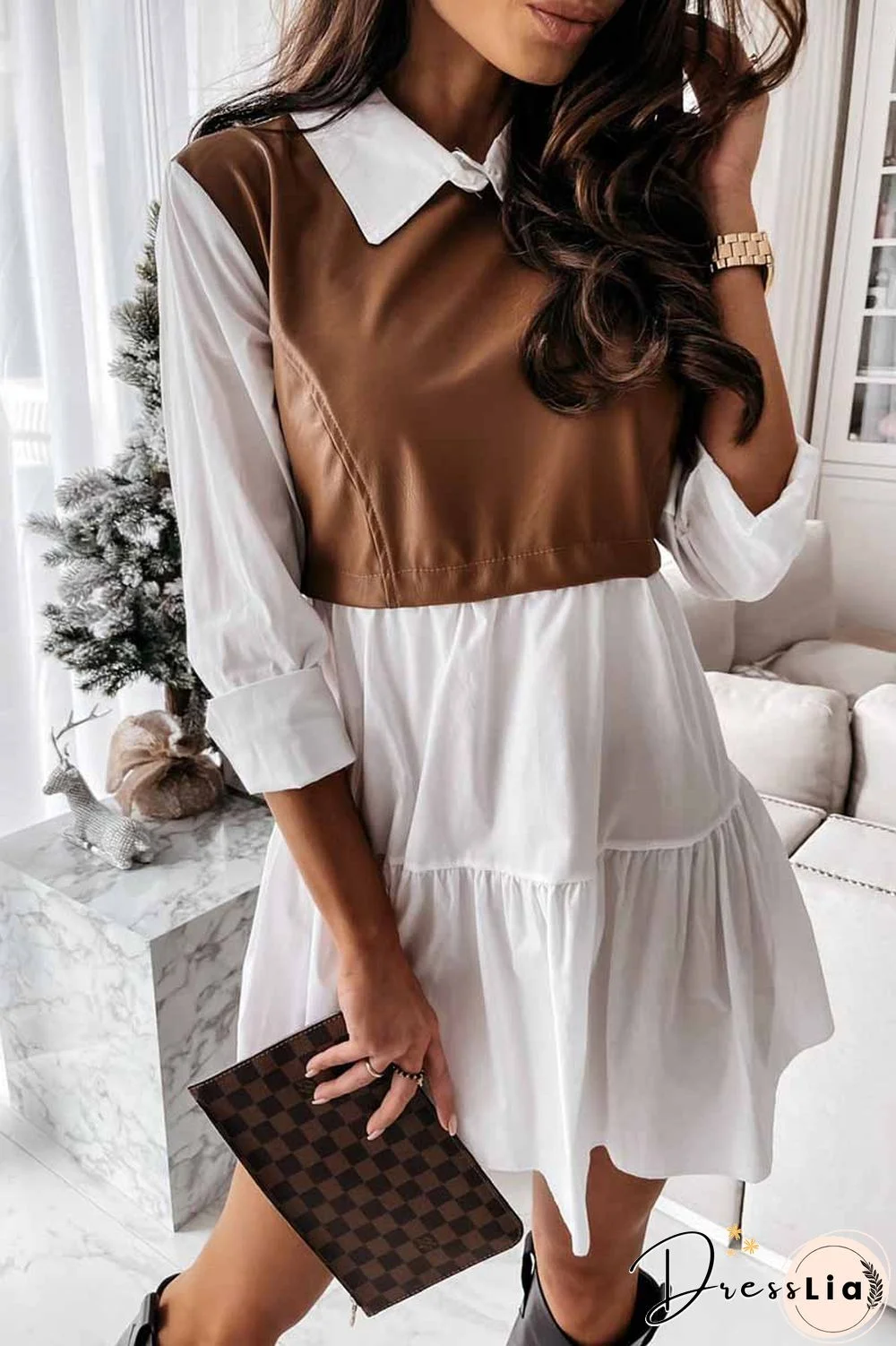 Shirt Skirt And Leather Stitching Mini Dress