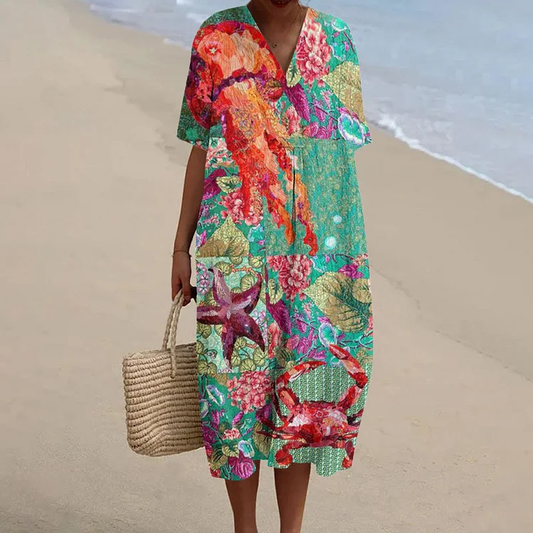 Creative Collage Painting Jellyfish Print Short Sleeved Casual Midi Dress