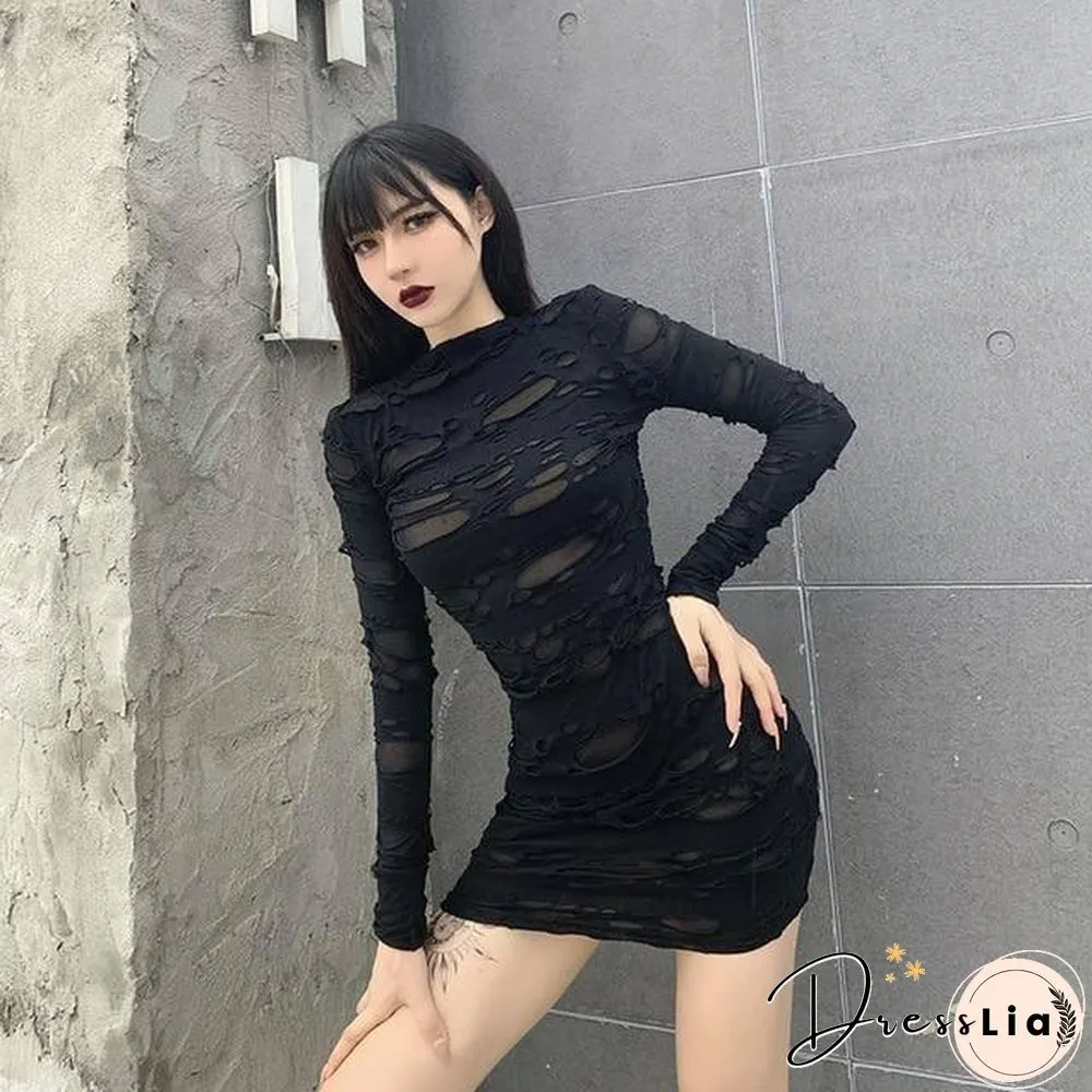 New Gothic Black Mini Dress Streetwear Rock Punk Hollow Retro High Waist Long Sleeve