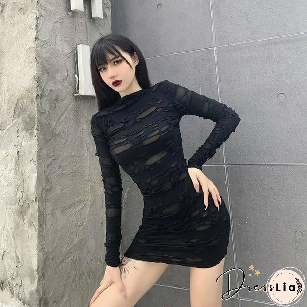 Helisopus New Gothic Black Mini Dress Streetwear Rock Punk Hollow Retro High Waist Long Sleeve Bodycon Party Dresses