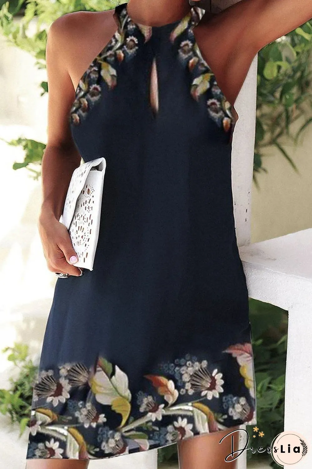 Halter Neck Floral Print Sleeveless Dress