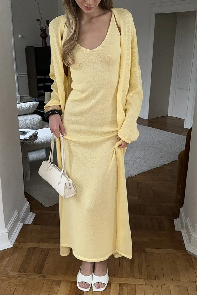 Soft Knit Cutout Tank Dress Long Sleeve Cardigan Two Piece Set