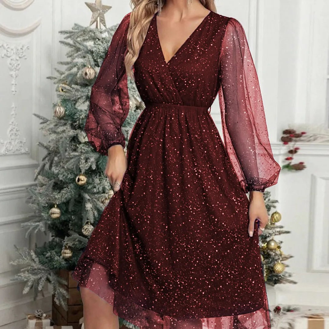 Churchf Churchf New V-Collar Elegant Slim Solid Color Stitching Mesh Perspective Sprinkling Powder Dress Female