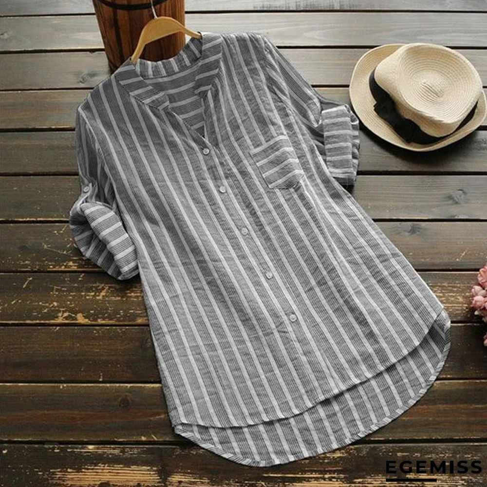 Plus Size Women Striped Blouse Tops Casual Work Shirts Elegant V Neck Blouse | EGEMISS