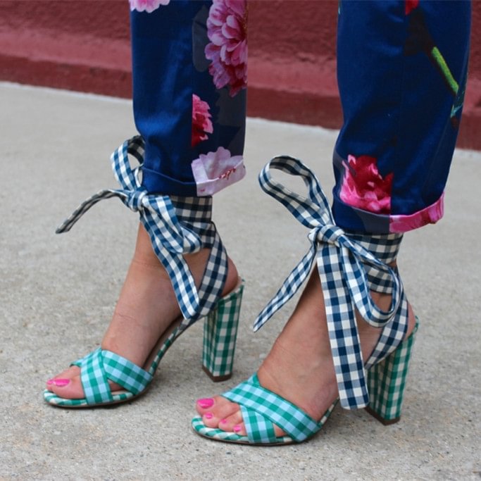 Green and Navy Plaid Strappy Sandals Open Toe Chunky Heels |FSJ Shoes