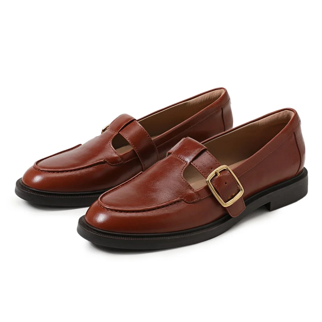 Brown Slip-On Buckle Strap Round Toe Flat Women Mary Jane Shoes
