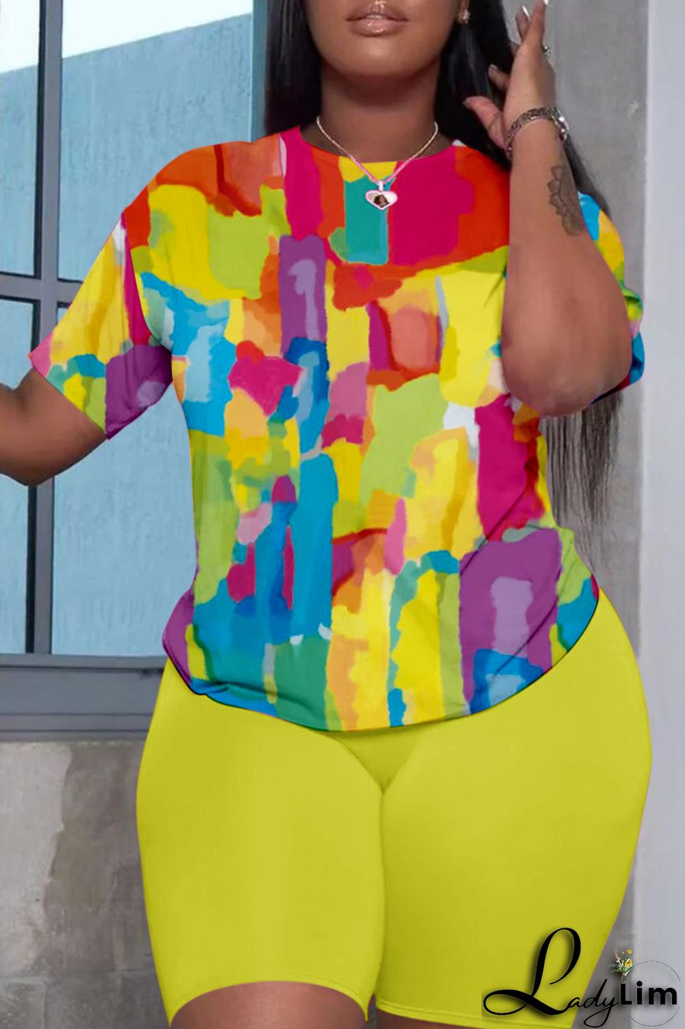 Cyan Casual Print Basic O Neck Short Sleeve Two Pieces
