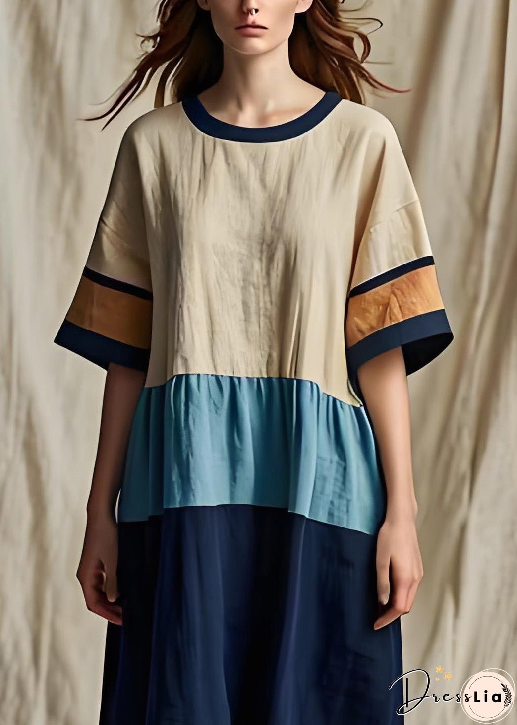 Women Colorblock O Neck Patchwork Cotton Dresses Summer
