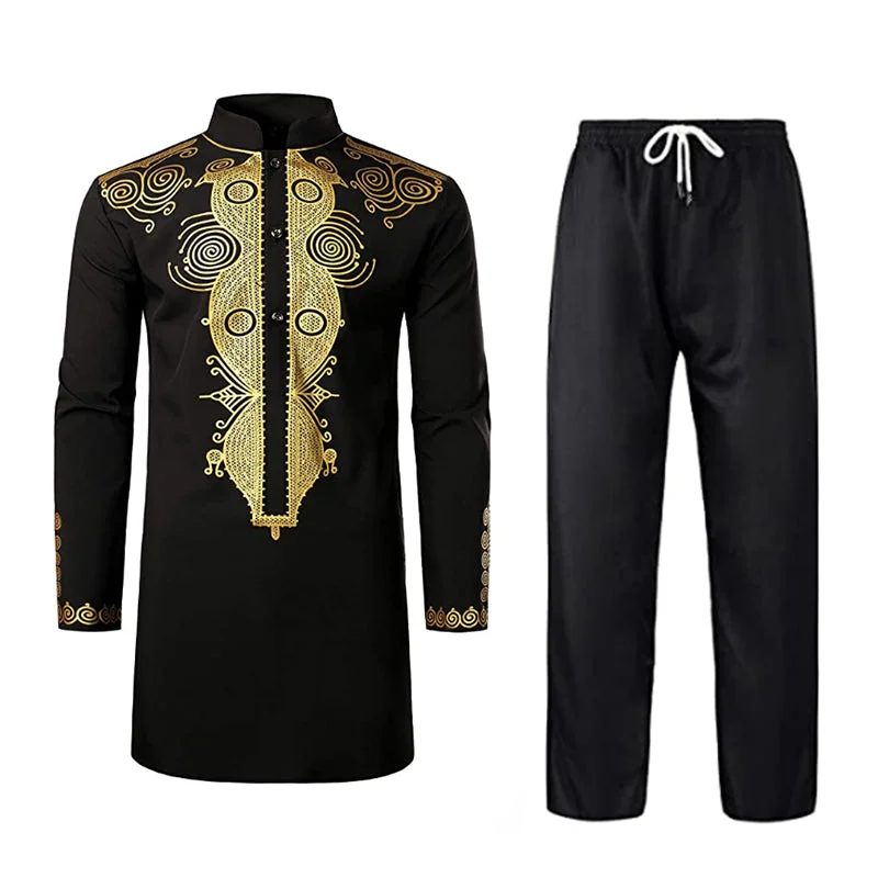 Men's casual black geometric print high collar luxury robe two-piece set